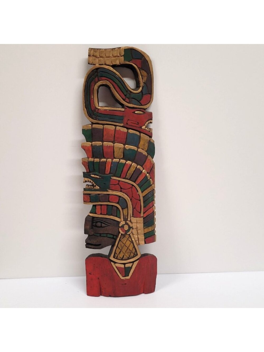 Hand Carved Wooden Aztec Wall Art Mexico Mayan Jaguar Serpent Snake 19.5" Paint